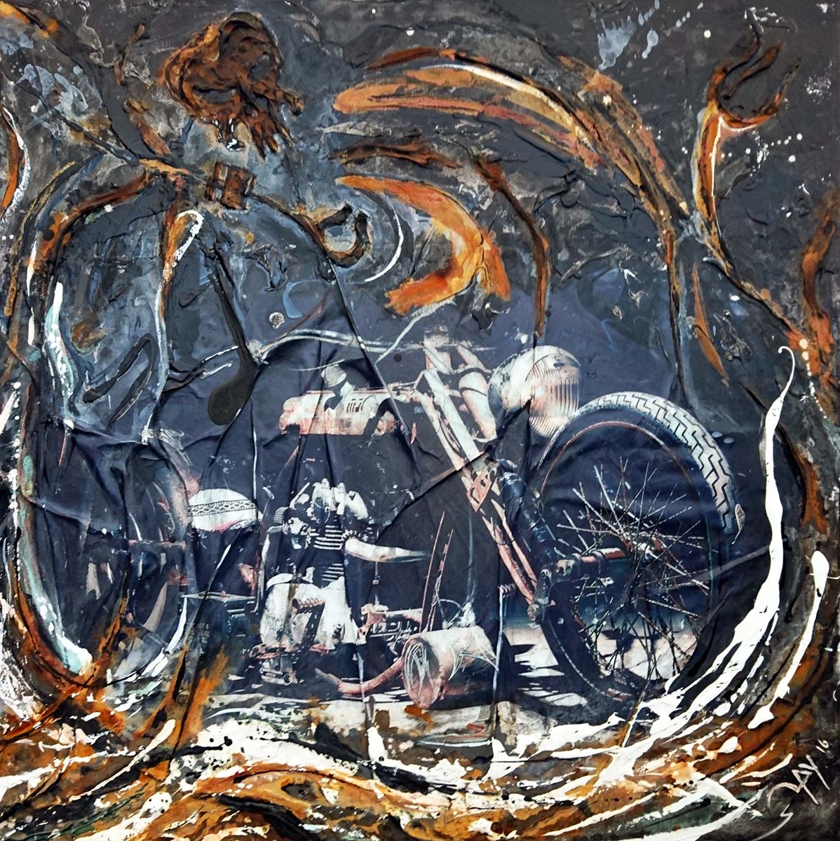 Acrylbild "Dirt-Bike" 90 x 90 cm mit rostigem Metallrahmen