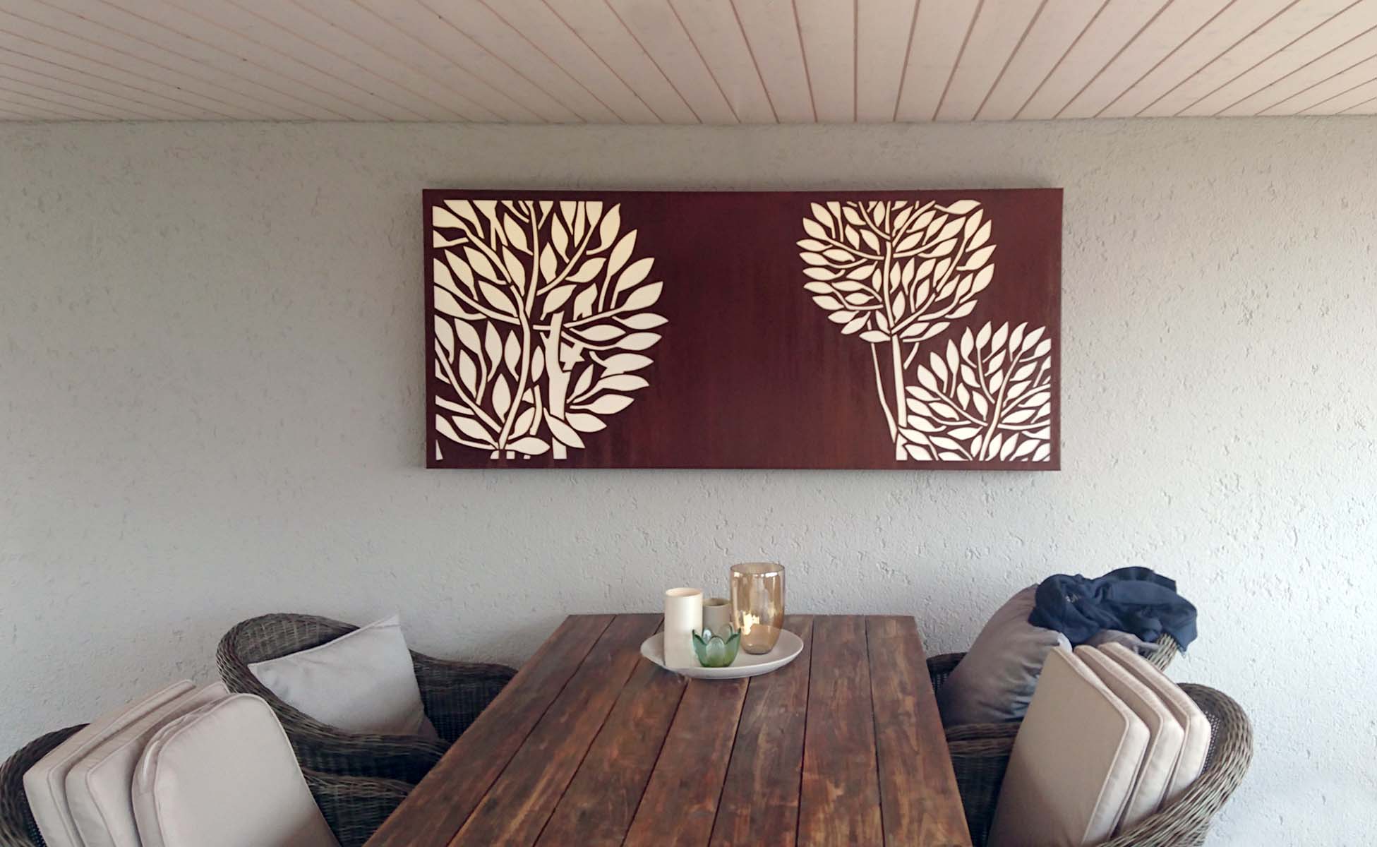 Wandbild aus 2 mm Cortenstahl und Acrylglas hinterleuchet