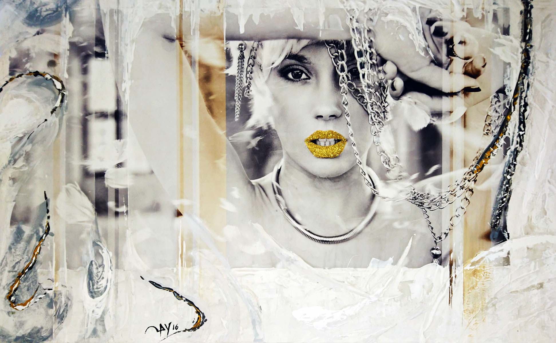 Acrylbild mit Fotocollage "Lady in white" 92 x 62 cm