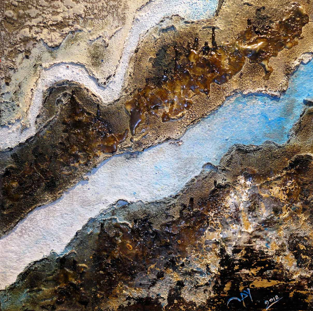 Bild mit Bitumen, Harz und Acryl 50 x 50 cm in Holzrahmen