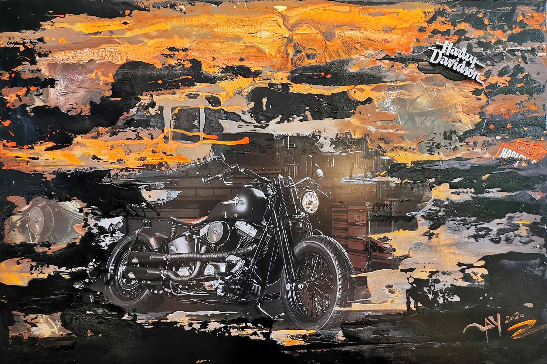 Kundenauftrag mit Foto vom Kundenfahrzeug und Logo "Harley Custom" 120 x 80 cm