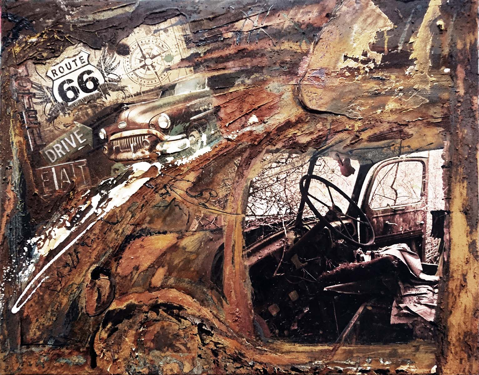 Acrylbild "Rusty-Car" 90 x 73 cm mit rostigem Metallrahmen