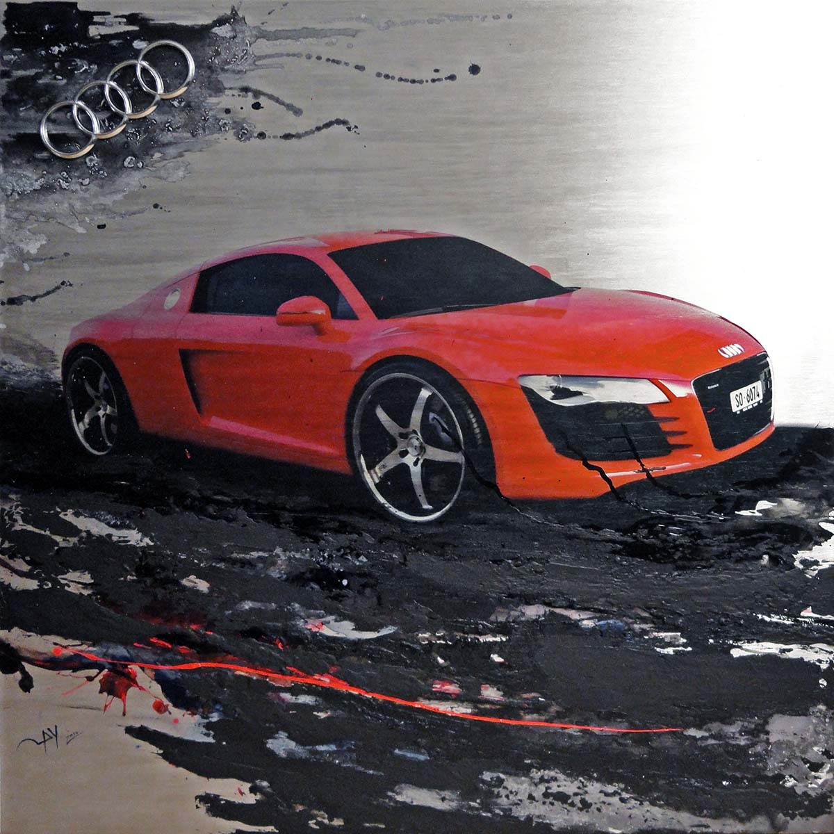 Kundenauftrag "Audi R8" mit Audi-Logo auf gebürstetem Alublech 140 x 140 cm